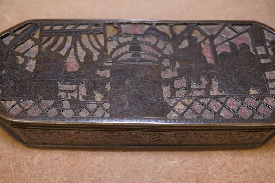 An 18th century Dutch inscribed and reticulated brass tobacco box, 15.5cm in length. Condition - fair